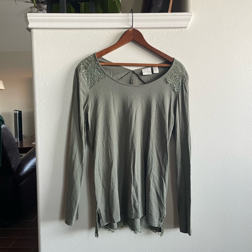 Chico’s Elegant Green Lace Trim Top/Tunic